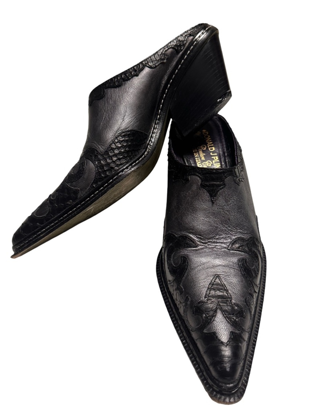 Donald J Pliner Western Couture Mule Heels Size 7 Black Embossed Leather Italy